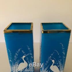 Magnificent Pair Of Baccarat Azure Blue Opaline And Enamel Crane Vases