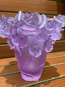Magnificent Pate De Verre Lilac Rose Vase 6.45 Pounds Heavy Glass Art Signed