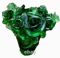 Magnificent Vintage Forest Green Pate De Verre Rose Vase 7.5 Heavy 6.35 Pounds
