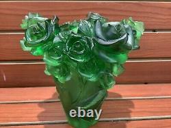 Magnificent Vintage Forest Green Pate De Verre Rose Vase 7.5 Heavy 6.35 Pounds