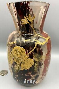 Manganese Mellerio Leveille Glass Vase Art Nouveau Gilt Enamel French Japonisme