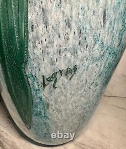 Massive Legras French Art Deco Cameo Glass Vase Geometric Design Mottled Blue