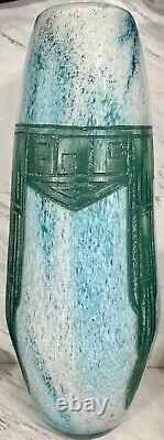 Massive Legras French Art Deco Cameo Glass Vase Geometric Design Mottled Blue