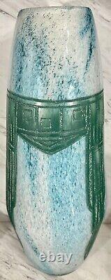 Massive Legras French Art Deco Cameo Glass Vase Geometric Design Mottled Blue