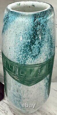 Massive Legras French Art Deco Cameo Glass Vase Geometric Design Mottled Blue