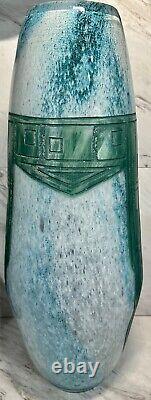 Massive Legras French Art Deco Cameo Glass Vase Geometric Design Mottled Blue