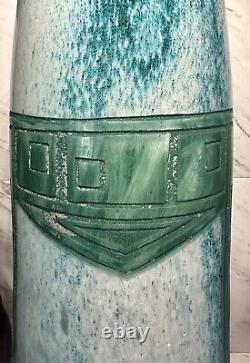 Massive Legras French Art Deco Cameo Glass Vase Geometric Design Mottled Blue