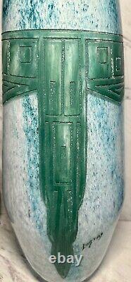 Massive Legras French Art Deco Cameo Glass Vase Geometric Design Mottled Blue