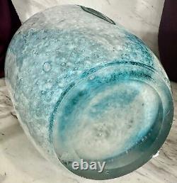 Massive Legras French Art Deco Cameo Glass Vase Geometric Design Mottled Blue