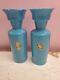 Matching Pair Antique 19th Century French Opaline Art Glass Vase Blue Teal 11