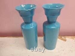 Matching Pair Antique 19th Century French Opaline Art Glass Vase Blue Teal 11