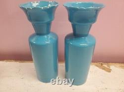 Matching Pair Antique 19th Century French Opaline Art Glass Vase Blue Teal 11