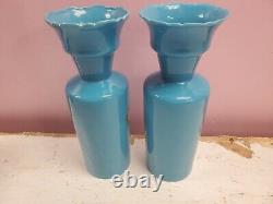 Matching Pair Antique 19th Century French Opaline Art Glass Vase Blue Teal 11