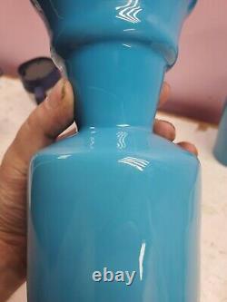 Matching Pair Antique 19th Century French Opaline Art Glass Vase Blue Teal 11