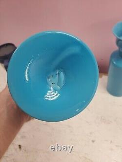 Matching Pair Antique 19th Century French Opaline Art Glass Vase Blue Teal 11
