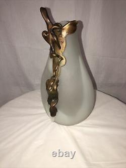 Modern French Art Deco Blown Glass Vase Metal Coated White #1