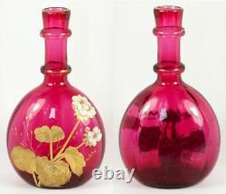 Mont Joye Antique French Cranberry Glass Carafe, Heavy Gold Enamel, Art Nouveau