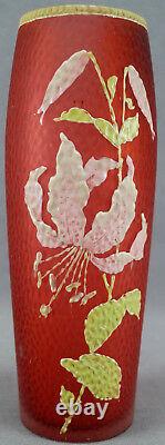 Mont Joye French Art Nouveau Hand Painted Stargaze Lily Cranberry Vase 1900-1920