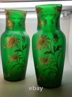 Mont Joye French Enameled Art Glass Pair Of 12 Vases, Enameled Daises On Green