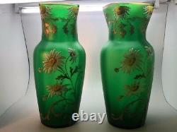 Mont Joye French Enameled Art Glass Pair Of 12 Vases, Enameled Daises On Green