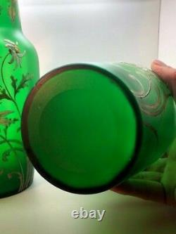 Mont Joye French Enameled Art Glass Pair Of 12 Vases, Enameled Daises On Green