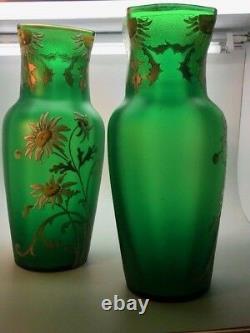 Mont Joye French Enameled Art Glass Pair Of 12 Vases, Enameled Daises On Green