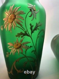 Mont Joye French Enameled Art Glass Pair Of 12 Vases, Enameled Daises On Green