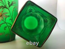 Mont Joye French Enameled Art Glass Pair Of 12 Vases, Enameled Daises On Green