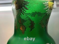 Mont Joye French Enameled Art Glass Pair Of 12 Vases, Enameled Daises On Green