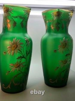 Mont Joye French Enameled Art Glass Pair Of 12 Vases, Enameled Daises On Green