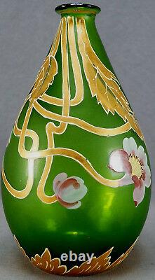 Mont Joye French Hand Painted Floral Art Nouveau Green Art Glass Vase 1900 20