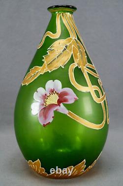 Mont Joye French Hand Painted Floral Art Nouveau Green Art Glass Vase 1900 20