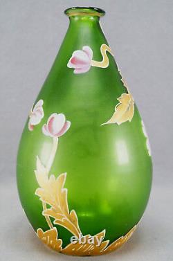 Mont Joye French Hand Painted Floral Art Nouveau Green Art Glass Vase 1900 20