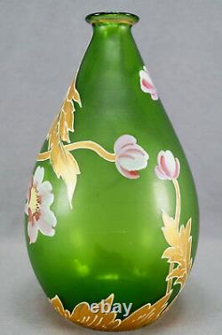 Mont Joye French Hand Painted Floral Art Nouveau Green Art Glass Vase 1900 20
