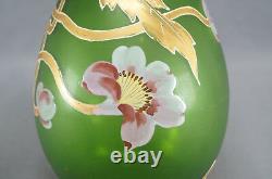 Mont Joye French Hand Painted Floral Art Nouveau Green Art Glass Vase 1900 20