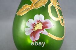 Mont Joye French Hand Painted Floral Art Nouveau Green Art Glass Vase 1900 20