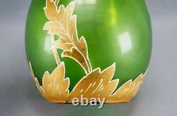 Mont Joye French Hand Painted Floral Art Nouveau Green Art Glass Vase 1900 20