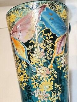 Mont Joye Legras Art Glass Vase Heavy blue Gold Enamel Butterflies Floral 12