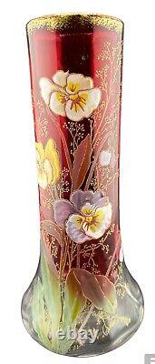 Mont Joye Legras French Art Glass Ruby Vase With Enameled Pansy Motif