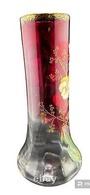 Mont Joye Legras French Art Glass Ruby Vase With Enameled Pansy Motif