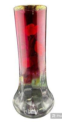 Mont Joye Legras French Art Glass Ruby Vase With Enameled Pansy Motif