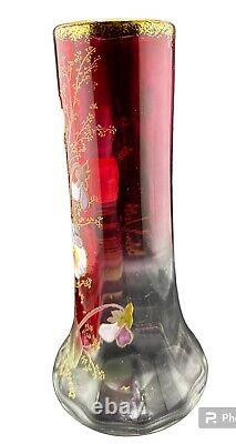 Mont Joye Legras French Art Glass Ruby Vase With Enameled Pansy Motif