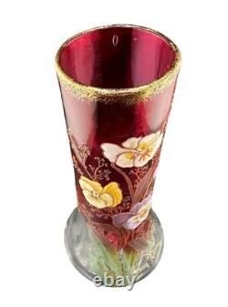 Mont Joye Legras French Art Glass Ruby Vase With Enameled Pansy Motif