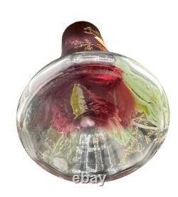 Mont Joye Legras French Art Glass Ruby Vase With Enameled Pansy Motif