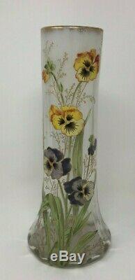 Moser or Legras Mont Joy Enameled Glass Art Nouveau Pansy Vase