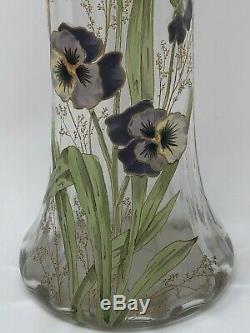 Moser or Legras Mont Joy Enameled Glass Art Nouveau Pansy Vase