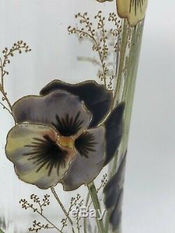 Moser or Legras Mont Joy Enameled Glass Art Nouveau Pansy Vase