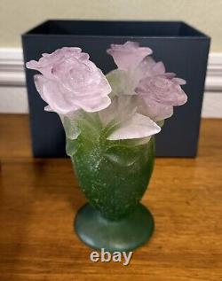 New Daum Crystal Roses Vase Green & Pink Small #03507 Brand Nib French Rare