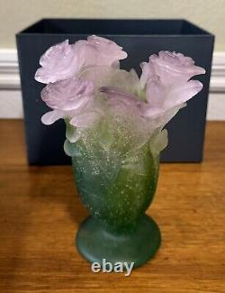 New Daum Crystal Roses Vase Green & Pink Small #03507 Brand Nib French Rare