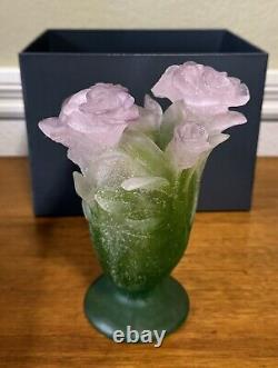 New Daum Crystal Roses Vase Green & Pink Small #03507 Brand Nib French Rare